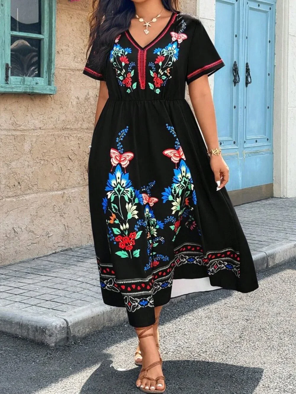 Black Boho Women's Plus Size Casual Vacation Placement Print Dress